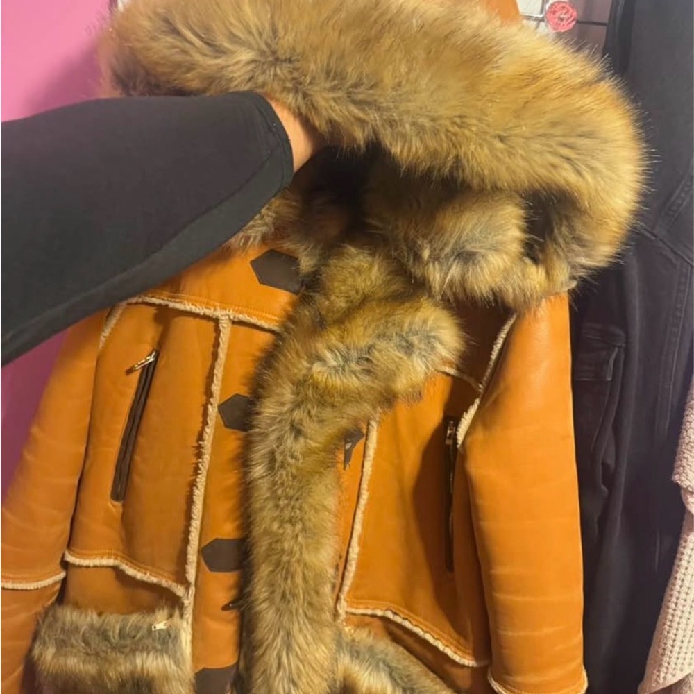 Men’s Faux Shearling Coat w/ Fur-Trim Hood – Camel Brown (XL)